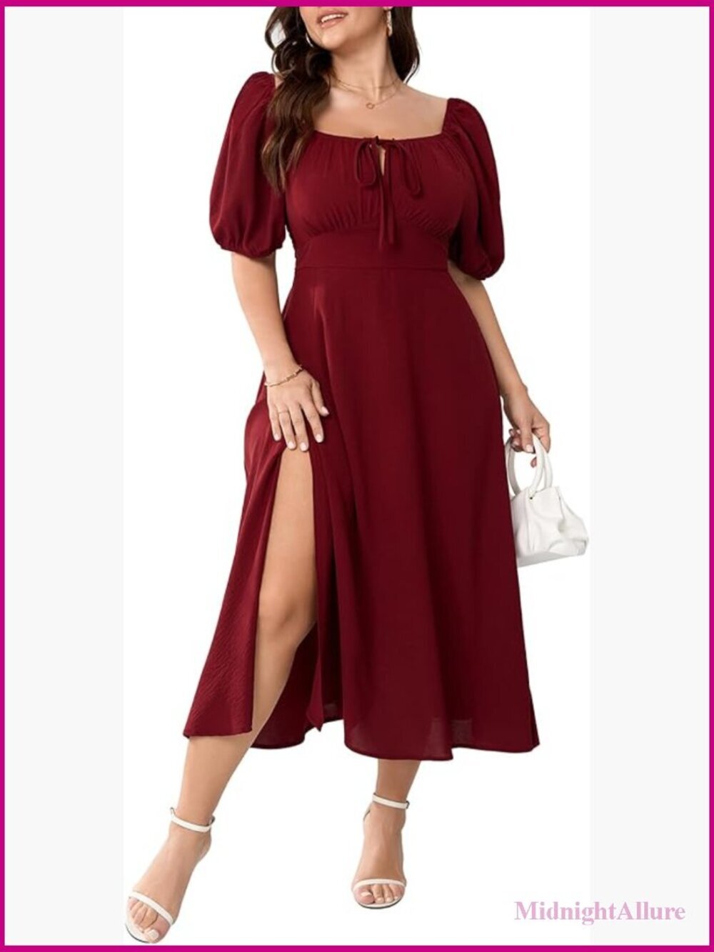 Women's Plus Size Milkmaid Dress Short Sleeve Square Neck Tie Front Split Maxi